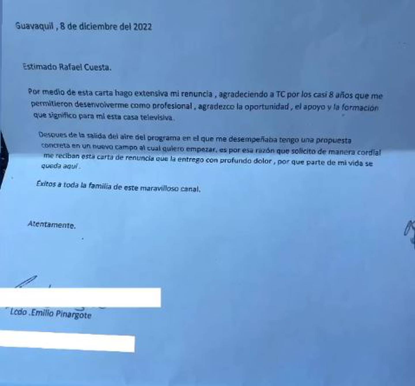 Carta de renuncia de Emilio Pinargote