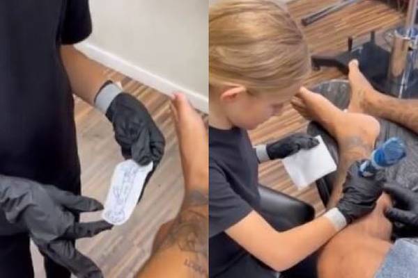Hombre se deja tatuar por su hijo de 7 años: El pequeño lo hizo como todo un profesional