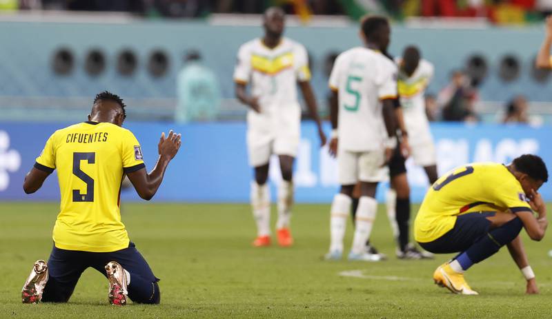Jose Cifuentes (L) of Ecuador reacts after the FIFA World Cup 2022 group A soccer match between Ecuador and Senegal at Khalifa International Stadium in Doha, Qatar, 29 November 2022.
