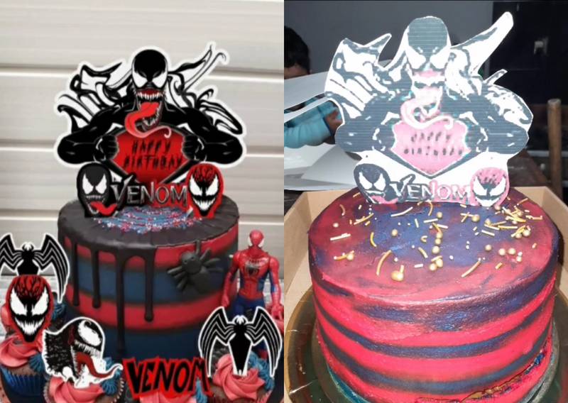 Mujer pide pastel para el cumpleaños de su hijo con temática de Venom y le llega uno defectuoso y no muy parecido al ejemplar elegido.