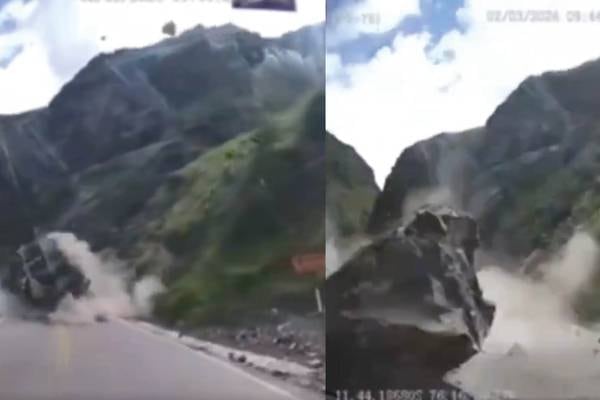 ¡Conductor salvó de milagro!: Captan impactante  momento en que deslizamiento de rocas impacta a dos camiones en Perú