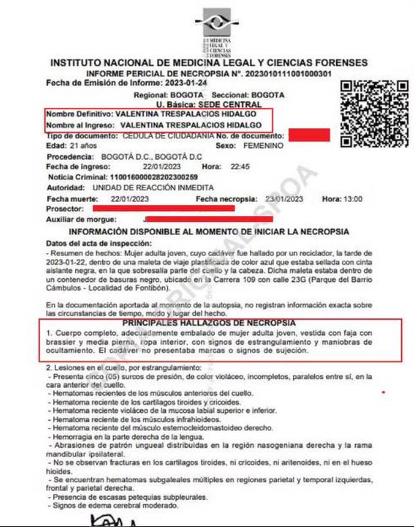 Captura de pantalla al documento de Medicina Legal con detalles de la muerte de Valentina Trespalacios