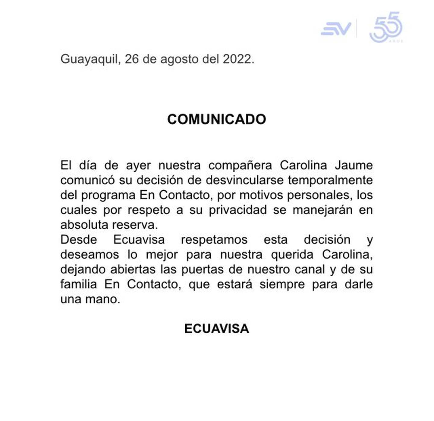 Comunicado sobre la salida de Carolina Jaume de Ecuavisa