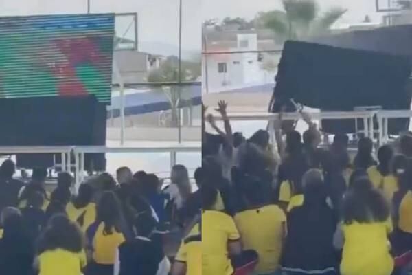 El momento en que se cae una pantalla gigante en un colegio cuando veían el partido en Ecuador