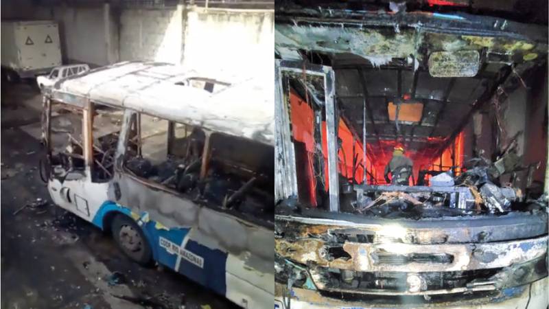 Bus incendiado de Christian Sarmiento, presidente de la Federación de Transportadores Urbanos del Guayas (Fetug)