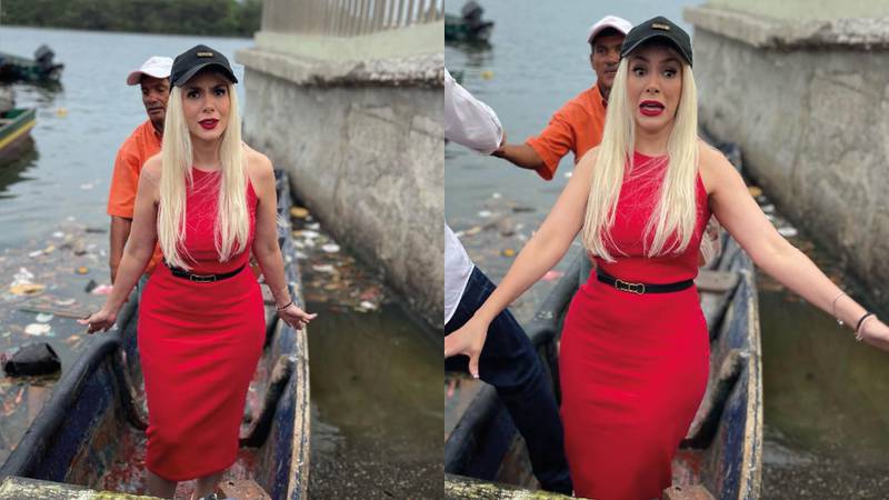 Totalmente maquillada y producida, María Fernanda Ríos se montó en las canoas de la Playita del Guasmo y se ganó las críticas