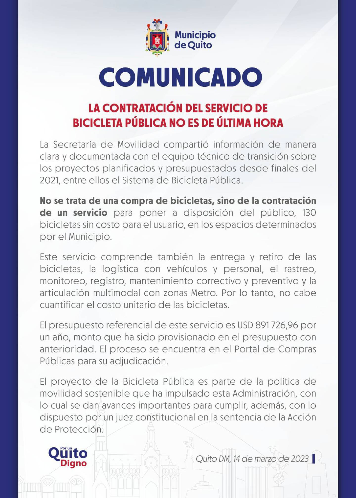 Comunicado Servicio Bicicleta Pública en Quito