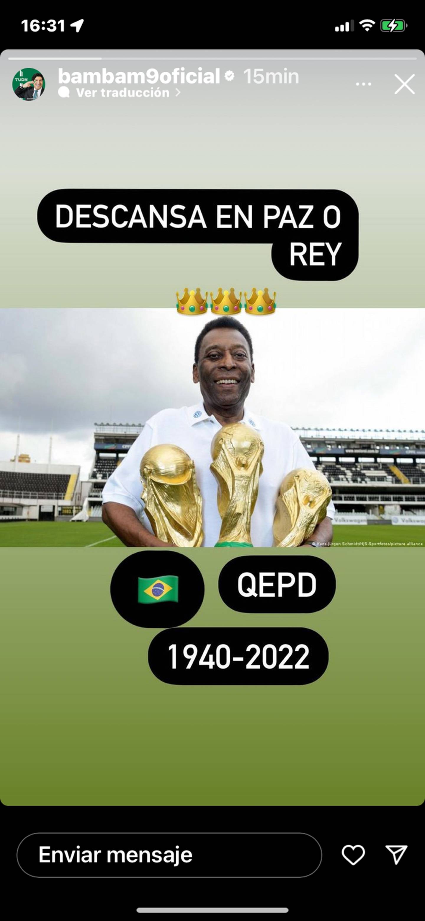 El exgoleador de la Roja publicó su homenaje a Pelé en las historias de su cuenta de Instagram.