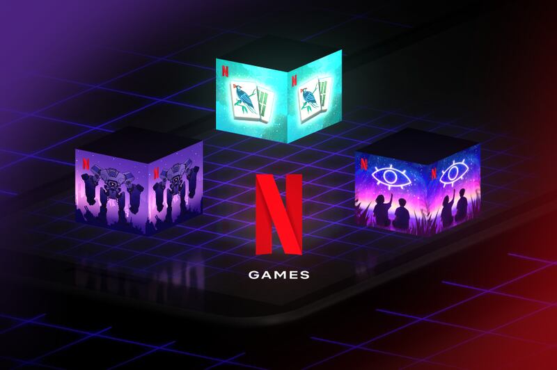 El logo de Netflix Games con los de los juegos Mahjong Solitaire, Into the Breach y Before Your Eyes.