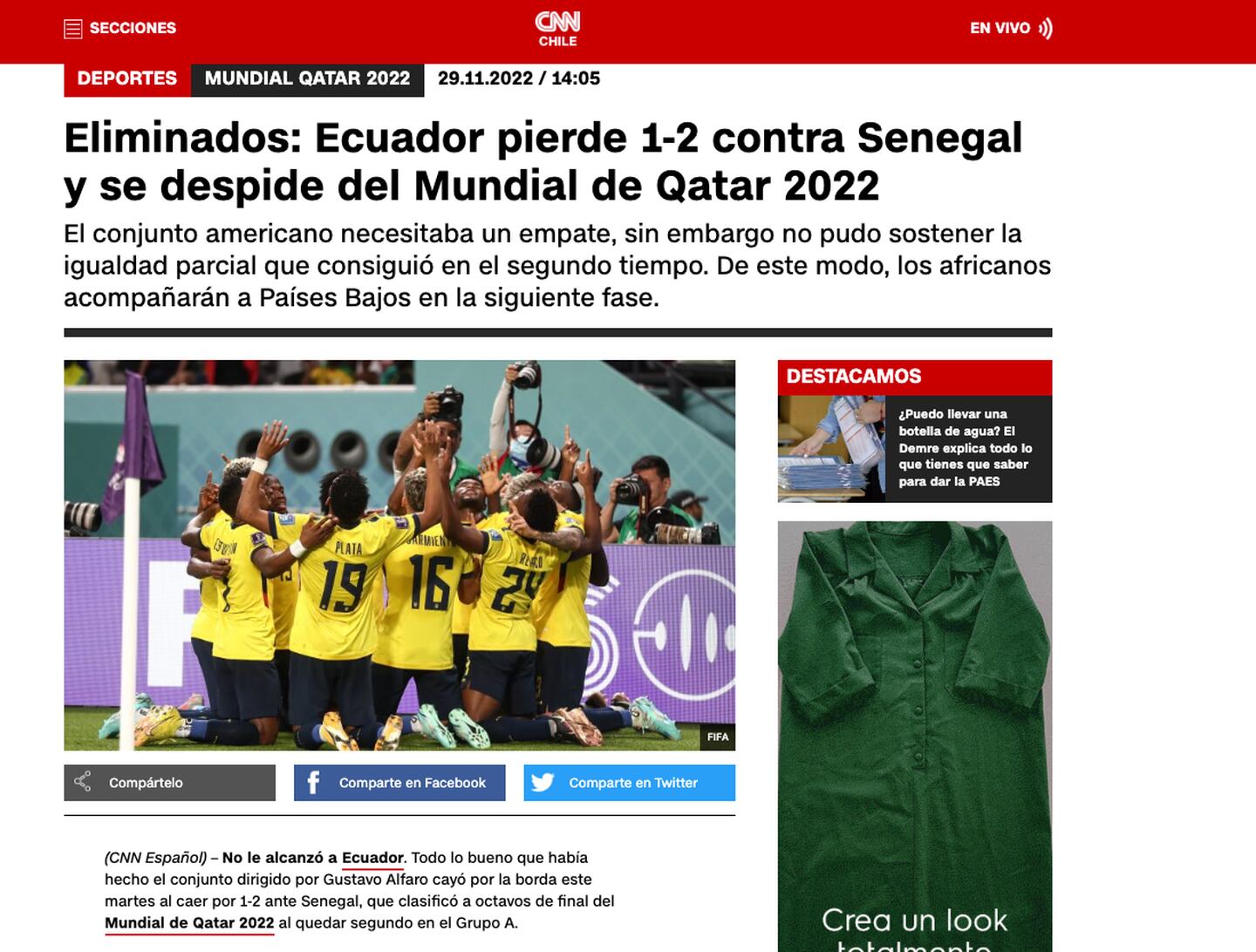 Ecuador quedó eliminada en fase de grupos del Mundial de Qatar 2022, tras perder con Senegal