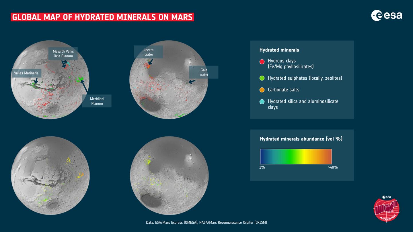 Mapa de zonas de Marte que tuvieron agua
