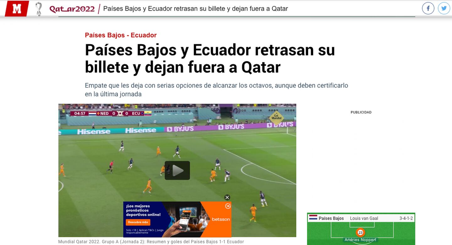 Qatar eliminado del Mundial y Ecuador y Países Bajos a un paso a octavos de final