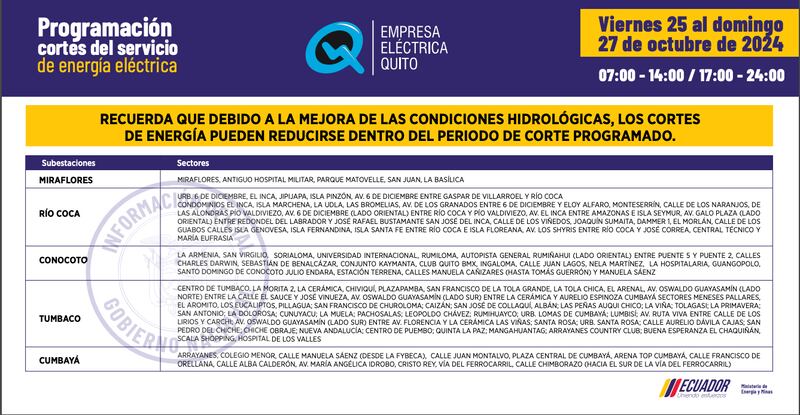 Quito: recuerde los horarios de cortes de luz de 14 horas para este 26 y 27 de octubre. Imagen: EEQ