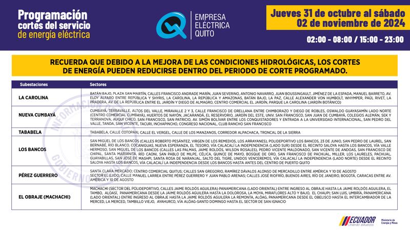 Quito: horarios de cortes de luz del 28 de octubre al 3 de noviembre. Imagen: EEQ