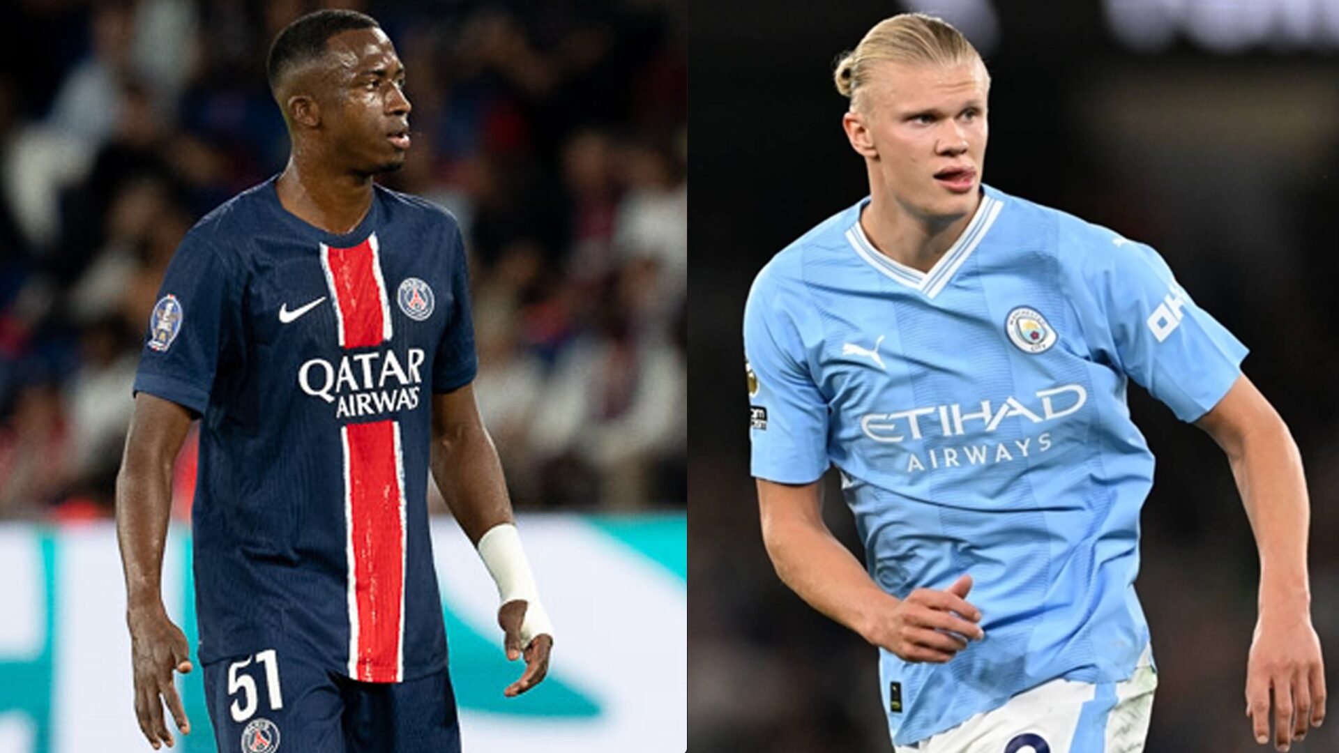 William Pacho y Erling Haaland en el PSG y Manchester City