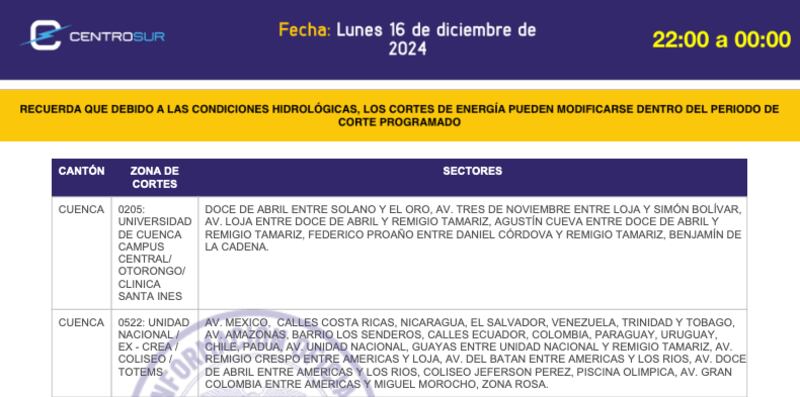 Cuenca: cronograma de apagones de este lunes 16 de diciembre. Imagen: CENTROSUR