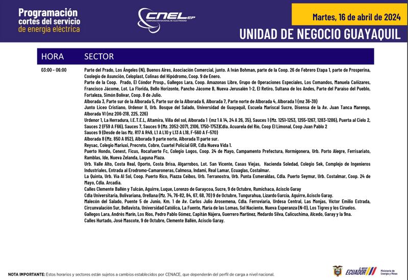 Horarios y sectores para cortes de luz en Quito