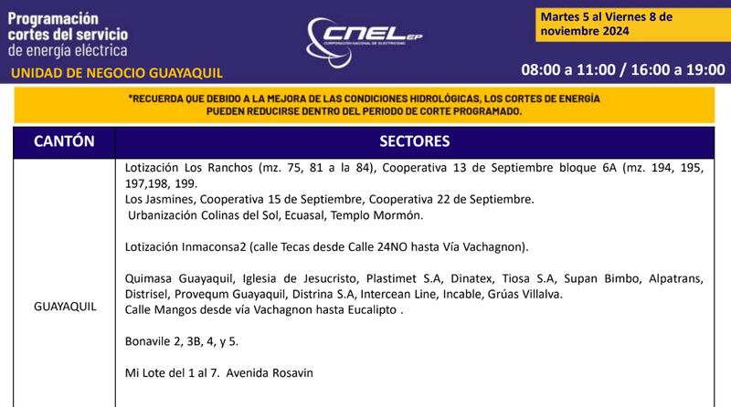 Cortes de luz en Guayaquil hasta el 8 de noviembre