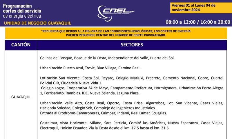 Guayaquil: Así quedan los nuevos horarios de cortes de luz para el feriado de noviembre