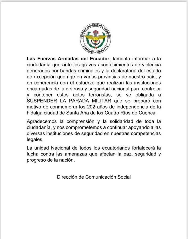 Se suspende parada militar por los 202 años de Independencia de Cuenca por situación de violencia