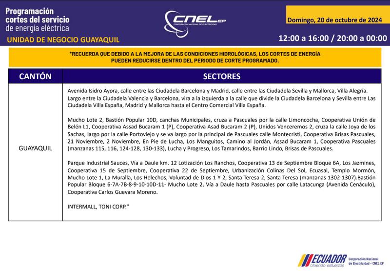 Guayaquil: horarios de cortes de luz para este sábado 19 y domingo 20 de octubre. Imagen: CNEL