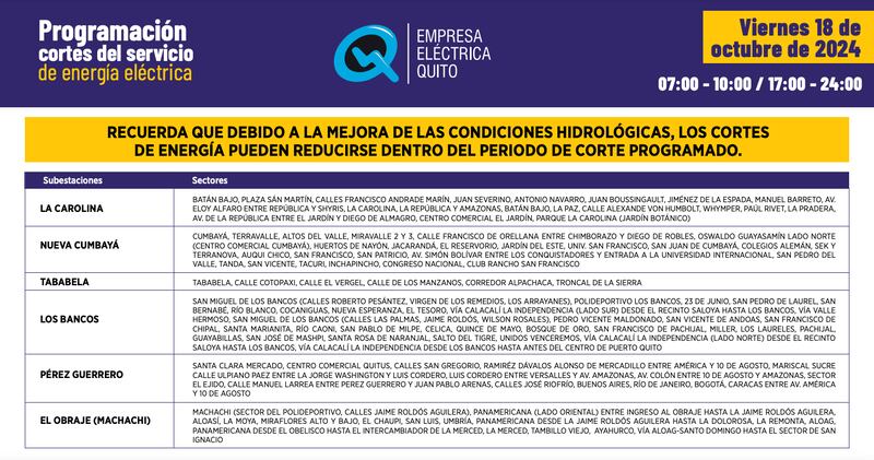 Quito: recuerde los horarios de cortes de luz de este viernes 18 de octubre. Imagen: EEQ