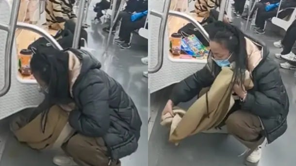 Mujer limpió el metro de China con su bufanda