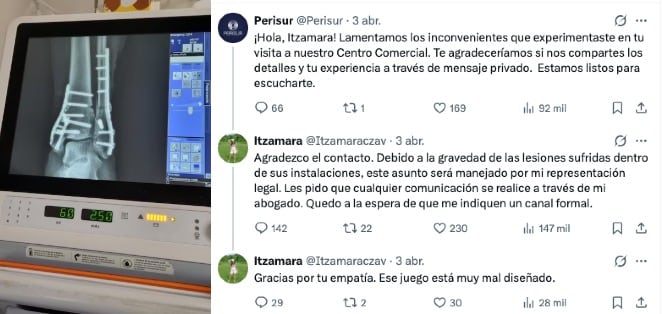 El accidente ocurrió en una plaza comercial mientras disfrutaba con su bebé. La víctima acusa negligencia.