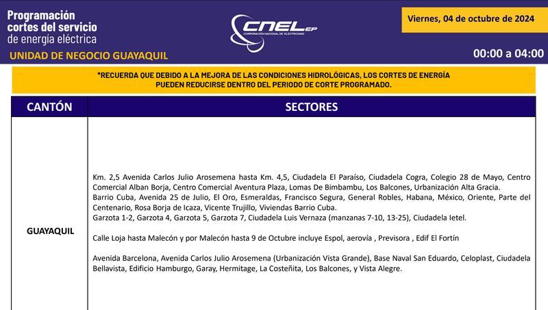 Cortes de luz en Guayaquil el 4 de octubre