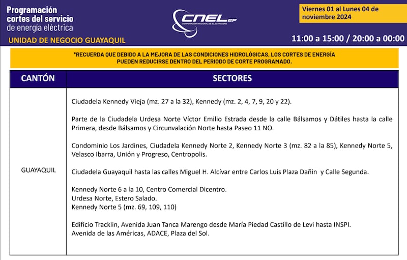 Guayaquil: Así quedan los nuevos horarios de cortes de luz para el feriado de noviembre
