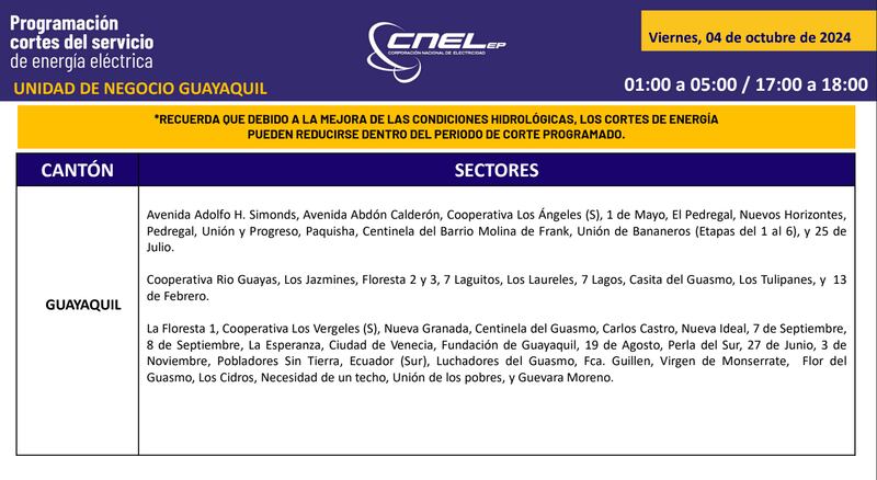 Cortes de luz en Guayaquil el 4 de octubre