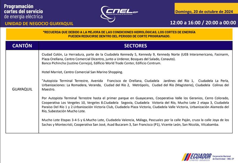 Guayaquil: horarios de cortes de luz para este sábado 19 y domingo 20 de octubre. Imagen: CNEL