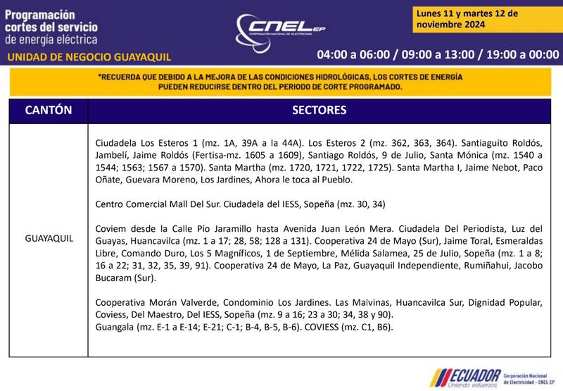 Cortes de luz en Guayaquil el 11 y 12 de noviembre