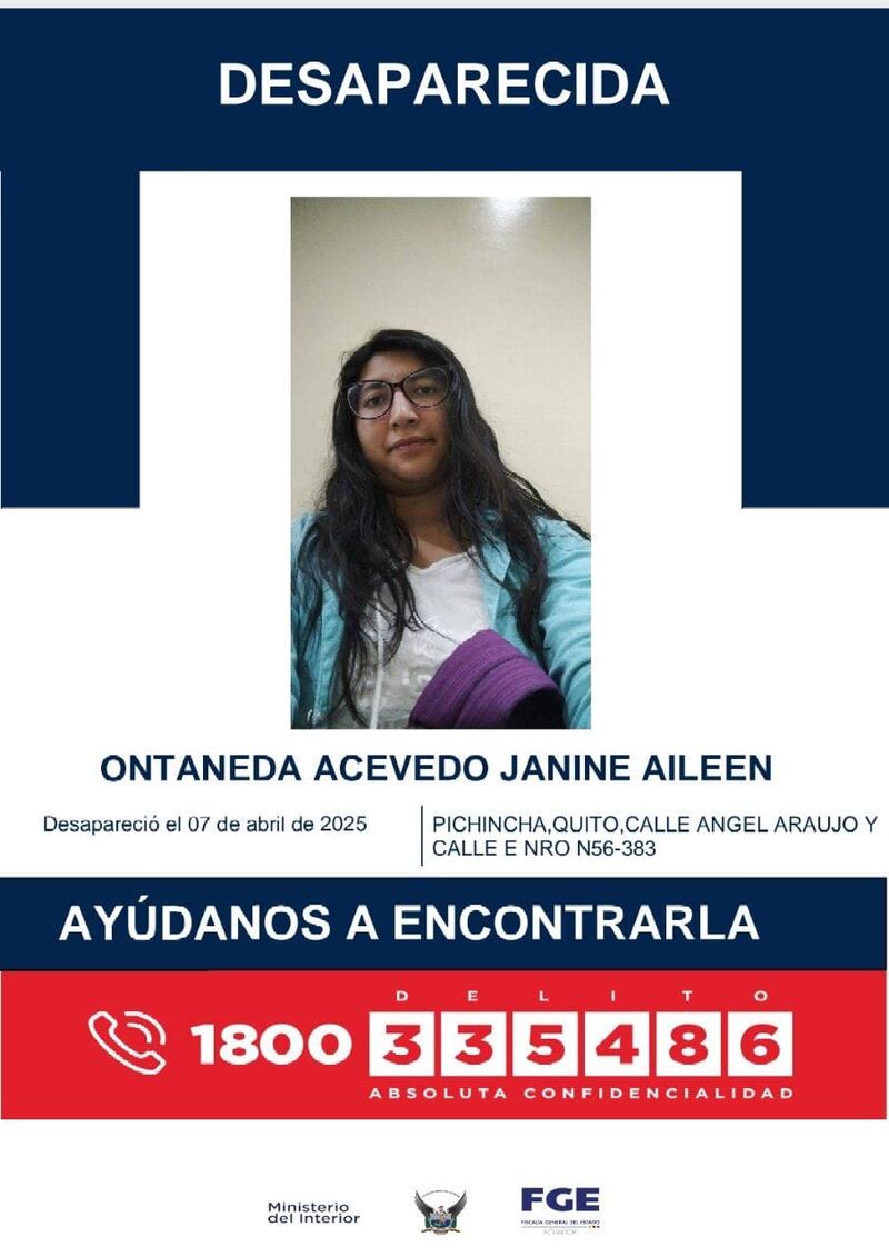 Buscan a Janine Ontaneda, joven desaparecida en Quito tras salir de la Universidad Central