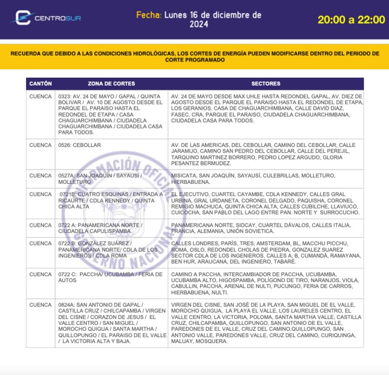Cuenca: cronograma de apagones de este lunes 16 de diciembre. Imagen: CENTROSUR