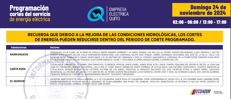Cortes de luz en Quito del domingo 24 de noviembre