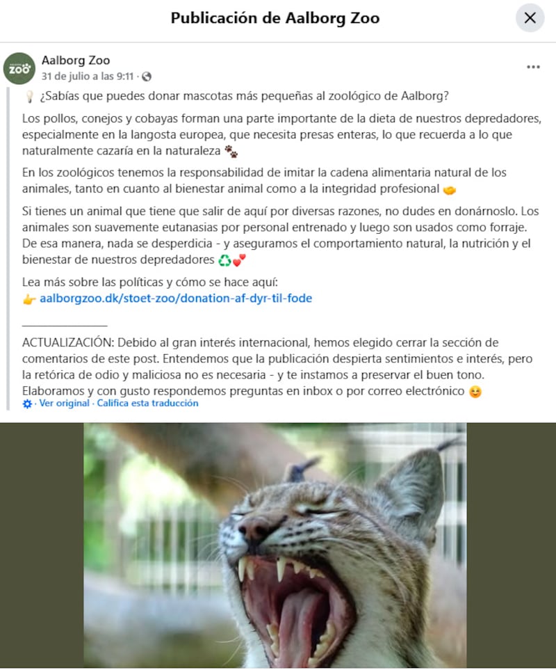 Donar mascotas para alimentar a depredadores: el polémico pedido de un zoológico en Dinamarca - Fuente: Facebook Aalborg zoo