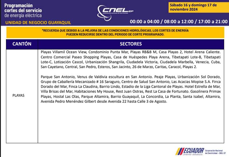 Guayaquil: horarios de cortes de luz de este domingo 17 de noviembre. Imagen: CNEL