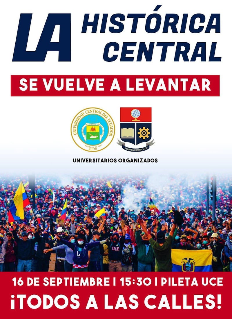 Estudiantes de la Universidad Central convocan a movilizaciones contra la eliminación de subsidios en Quito.