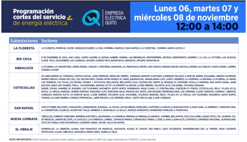 Cortes de luz de lunes a miércoles en Quito