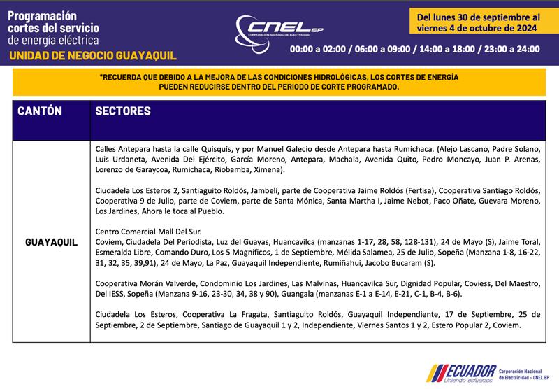 Cortes de luz en Guayaquil hasta el 4 de octubre