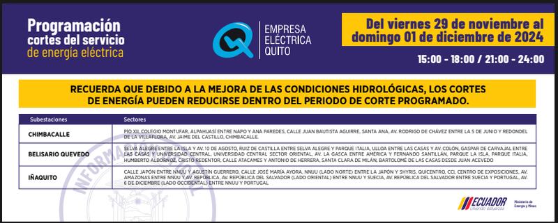 Cortes de luz Quito 30 de noviembre