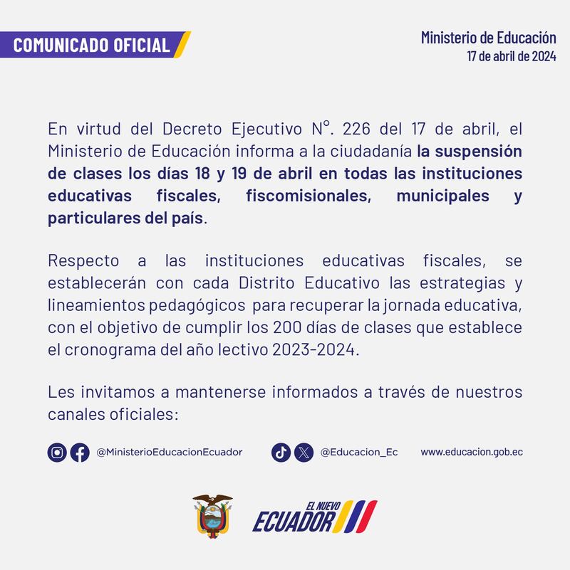 Ministerio de Educación informó clases suspendidas a nivel nacional.