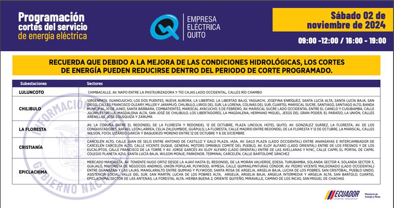 Cortes de luz en Quito: cambian los horarios para el 03 y 04 de noviembre