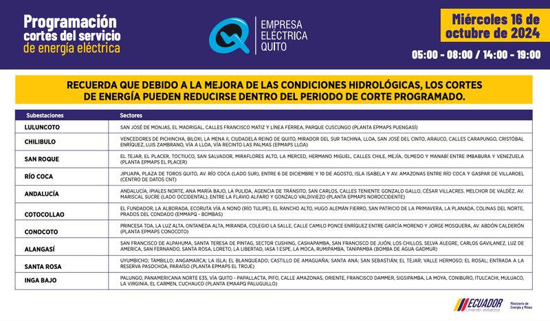 Quito: recuerde los horarios de cortes de luz de este miércoles 16 de septiembre. Imagen: EEQ