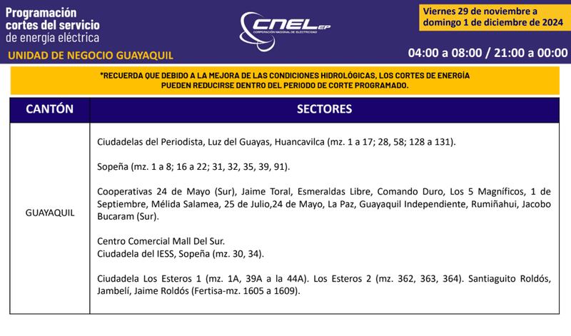 Cortes de luz en Guayaquil hasta el 1 de diciembre