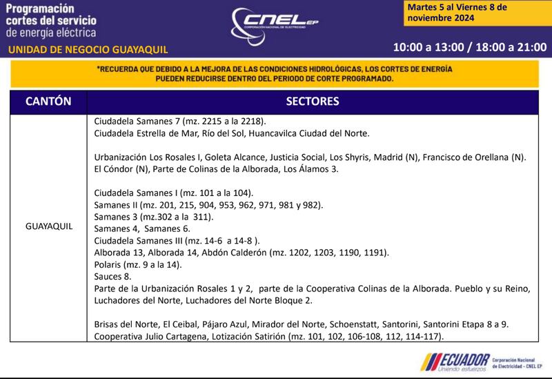 Cortes de luz en Guayaquil hasta el 8 de noviembre