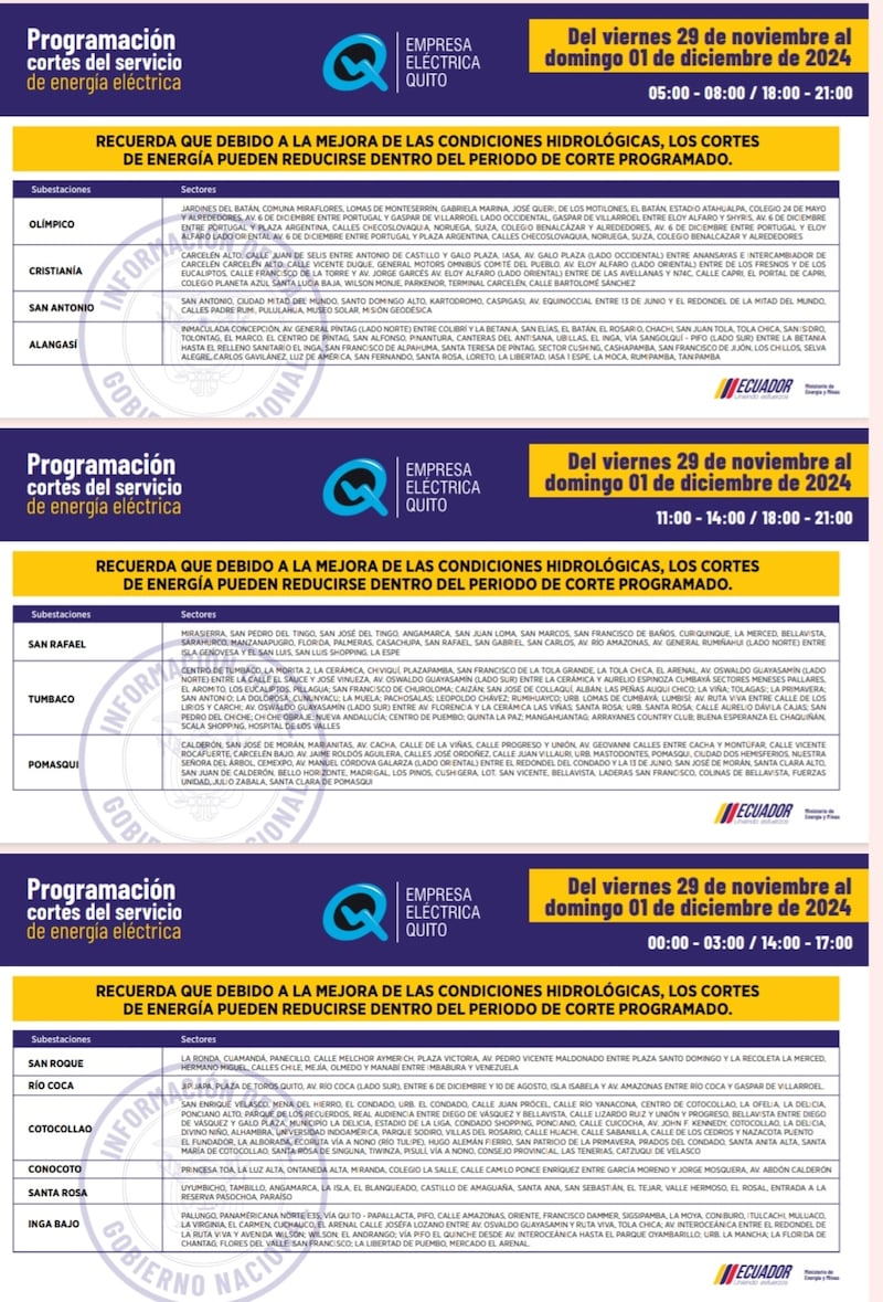 Cortes de luz en Quito del 29 y 30 de noviembre y 01 de diciembre