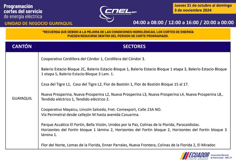 Cortes de luz en Guayaquil del 31 de octubre al 3 de noviembre