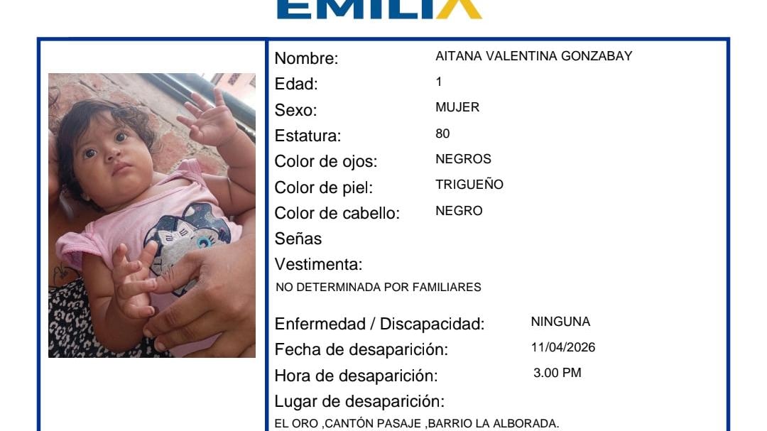 Activan Alerta Emilia por desaparición de bebé de 1 año, Aitana Gonzabay, en El Oro - Fuente: Ministerio del Interior
